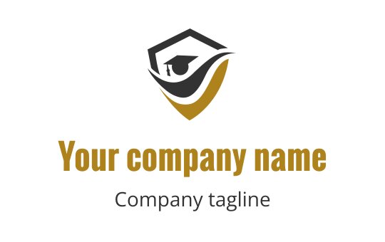 Modern shield logo design featuring a graduation cap and gold accents