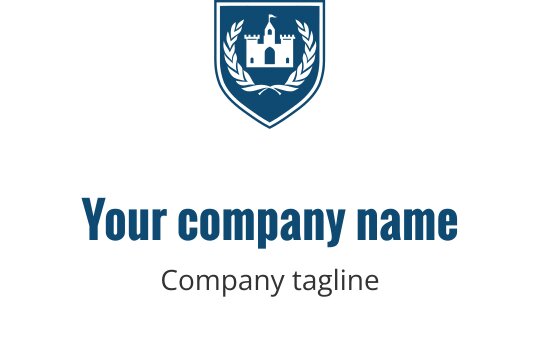 Shield logo design featuring a castle and laurel leaves in blue