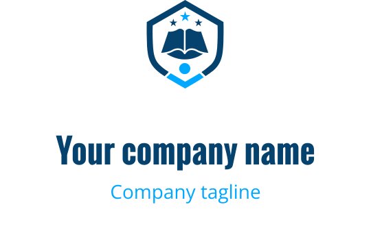 Shield logo design featuring an open book and stars in blue