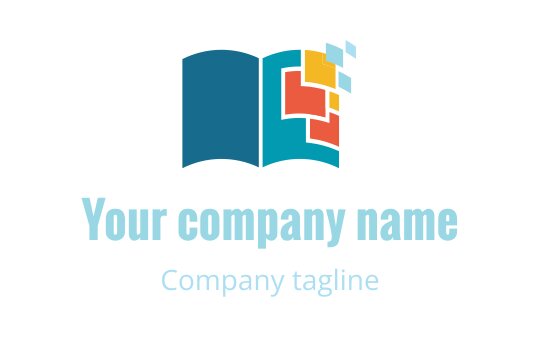 Colorful open book logo design with abstract shapes and vibrant squares