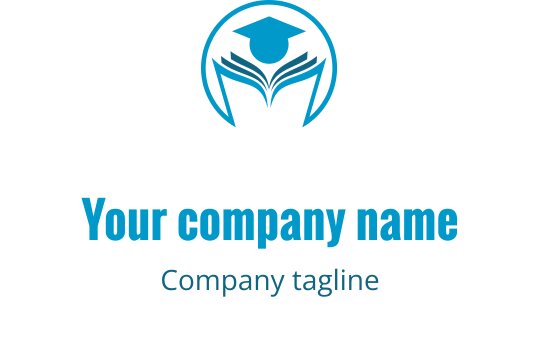 Modern logo design featuring an open book and graduation cap in blue