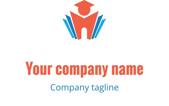 Creative logo design featuring a red graduation cap above a blue and red structure