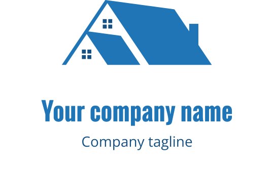 Modern blue house logo design with a triangular roof and windows