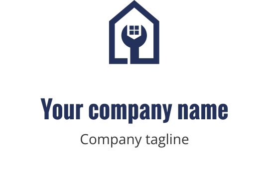 Bold navy logo design featuring a stylized house and tools