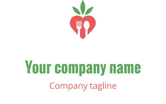 Heart-shaped logo design featuring a fork and spoon with green leaves