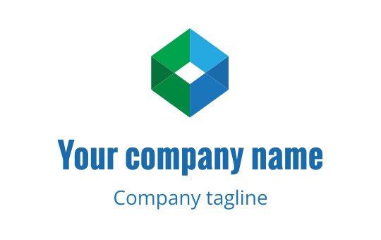 Modern geometric logo design featuring a green and blue hexagonal shape