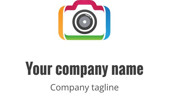 Minimalist camera logo design featuring green and orange accents