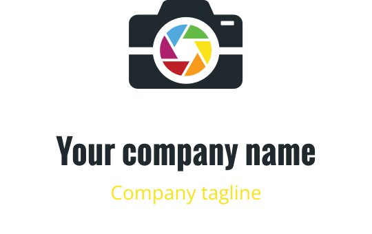 Minimalist camera logo design featuring red, purple, blue, and gold elements
