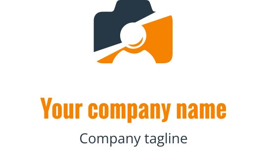 Minimalist navy and orange logo design featuring a stylized camera