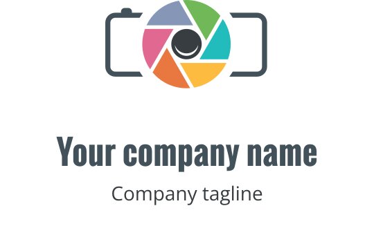 Minimalist camera logo design in gold, coral, pink, and cyan