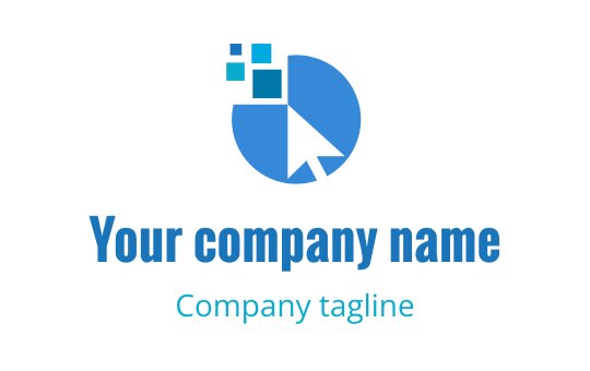 Modern blue logo design featuring a cursor and geometric shapes