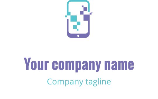 Modern smartphone logo design with pixelated elements in purple and teal