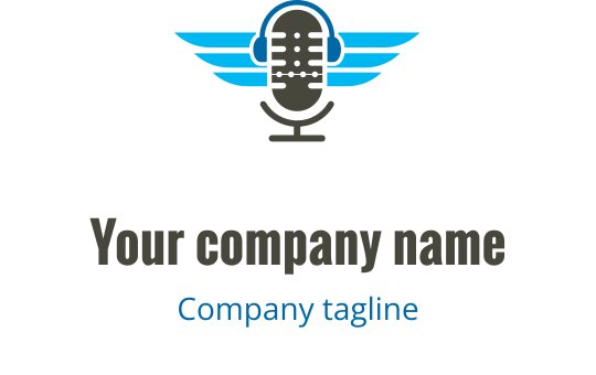 Modern microphone logo design with blue wings and bold text