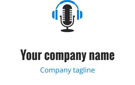 Modern microphone logo design with blue headphones and bold text
