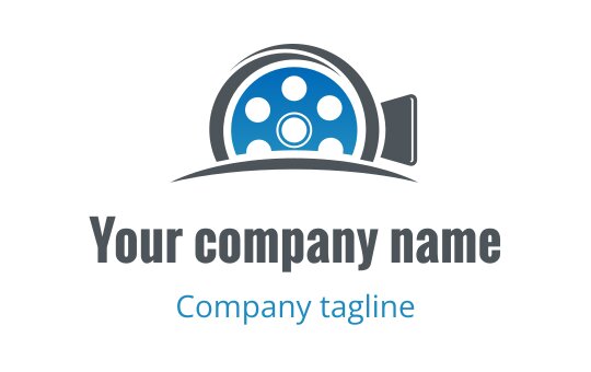 Modern logo design featuring a blue film reel with black accents