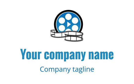Modern blue film reel logo design with play button accent