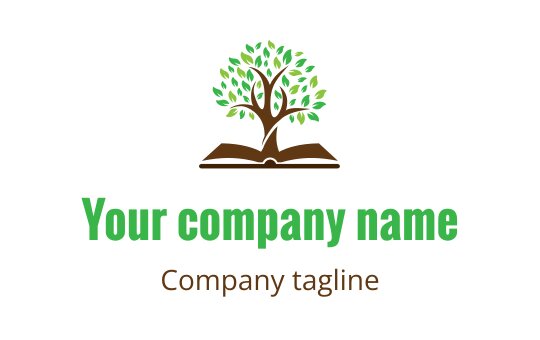 Tree logo design with green leaves above an open book
