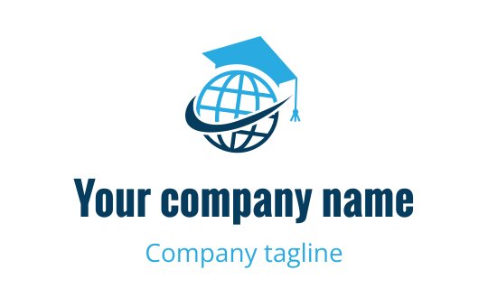 Modern blue globe logo design with a graduation cap and ribbon