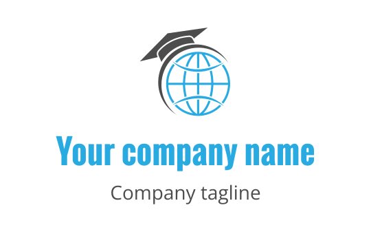 Modern globe logo design with a graduation cap in blue and black