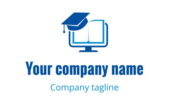 Modern blue logo design featuring a graduation cap and open book on a computer screen