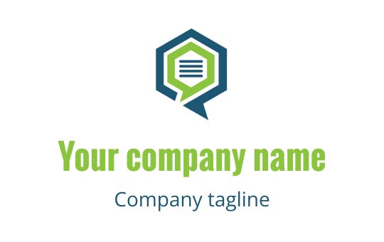 Modern hexagonal logo design featuring a speech bubble and layered text elements
