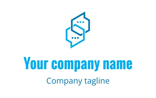 Modern blue logo design featuring interlocking shapes and speech bubbles
