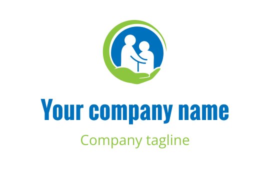 Caring logo design featuring two figures in a circular green and blue frame
