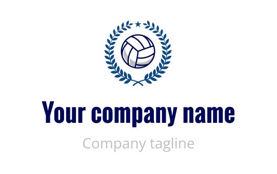 Bold volleyball logo design surrounded by a laurel wreath in blue