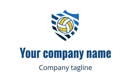 Modern shield logo design featuring a volleyball and blue stripes