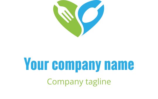 Heart-shaped logo design featuring a fork and spoon in green and blue