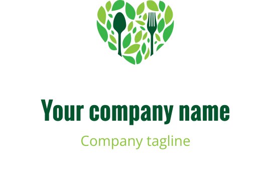 Heart-shaped logo design filled with green leaves and utensils