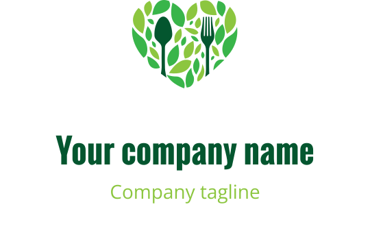 Heart-shaped logo design filled with green leaves and utensils