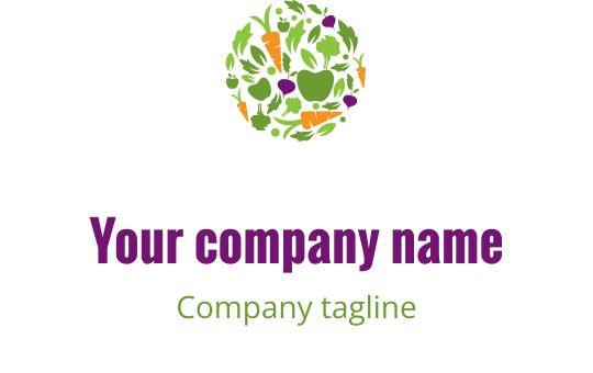 Colorful logo design featuring a circular arrangement of vegetables and leaves