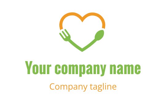 Heart-shaped logo design with a fork and spoon in green and orange