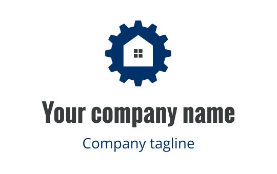 Modern logo design featuring a blue gear and house silhouette