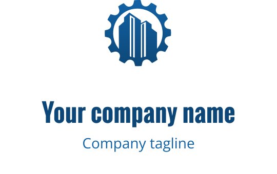 Modern logo design featuring a gear and building silhouette in blue
