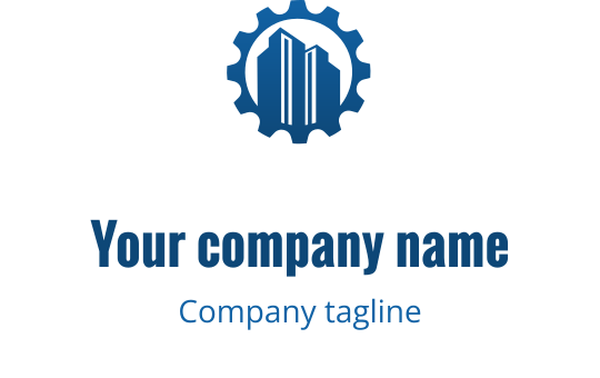 Modern logo design featuring a gear and building silhouette in blue