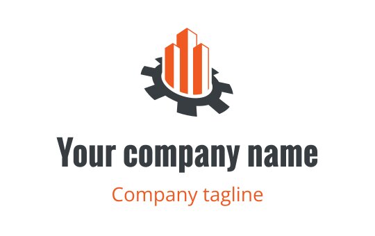 Modern logo design featuring orange skyscrapers within a gear shape
