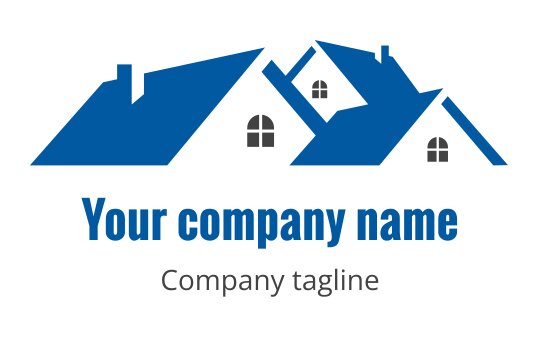 Modern blue house logo design with multiple rooftops and windows