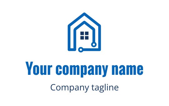 Modern blue house logo design with a window and connected lines