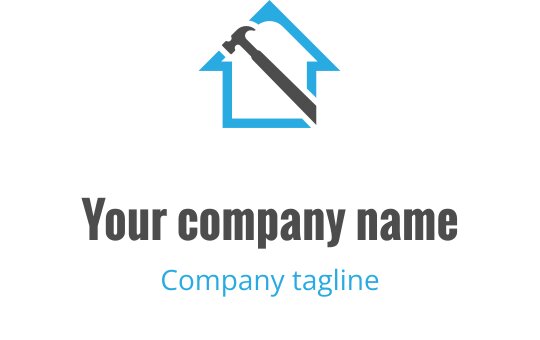Modern house logo design featuring a hammer and blue accents