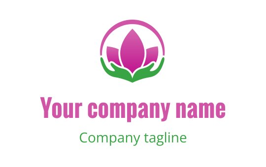 Elegant pink lotus logo design with green hands and circular outline