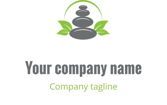 Balanced stone logo design with green leaves and a curved line