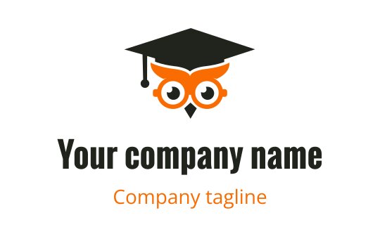 Playful owl logo design with graduation cap and orange accents