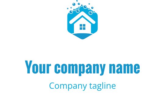 Modern blue house logo design with a hexagonal shape and bubbles