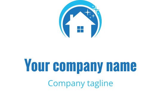 Modern blue house logo design with circular accents and stars
