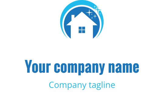 Modern blue house logo design with circular accents and stars