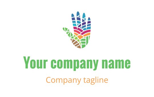 Colorful hand logo design with vibrant, mosaic-like patterns