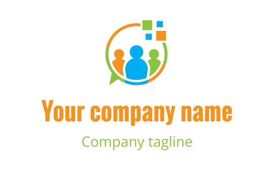 Colorful logo design featuring three stylized people within a speech bubble