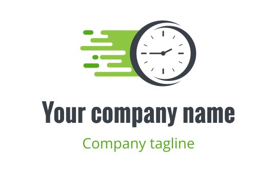 Dynamic clock logo design with green speed lines and bold text